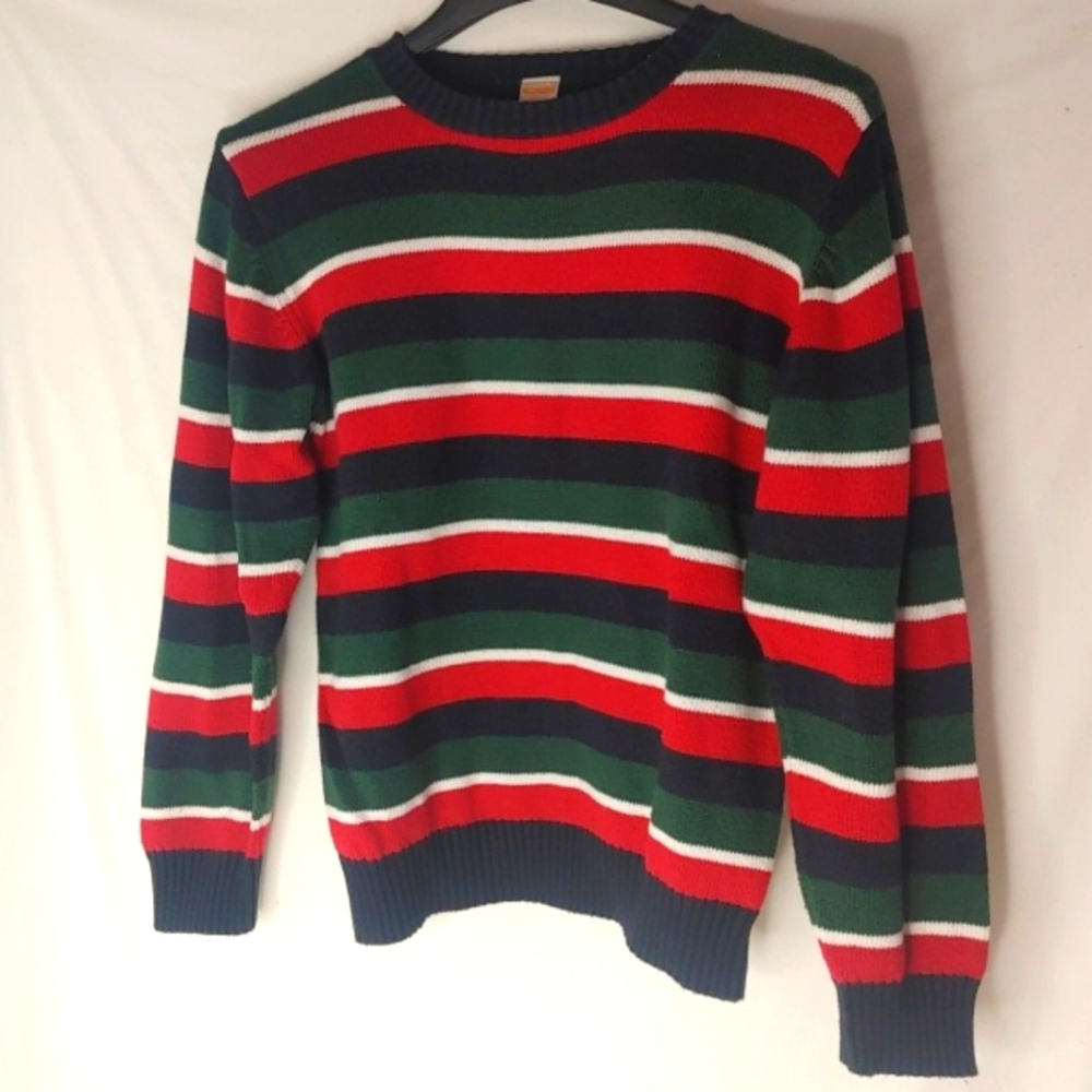 Gymboree Boys Sz10-12 Holiday Red Green Black Striped Cotton Knit Sweater‎